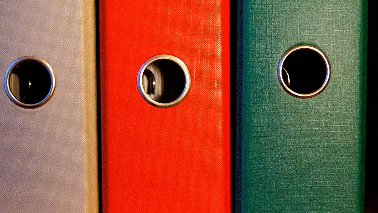 Dos de trois classeurs à levier de couleurs différentes, serrés côte à côte